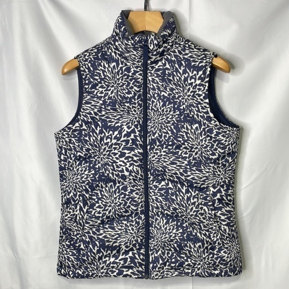 Lands’ End navy and white floral print down vest